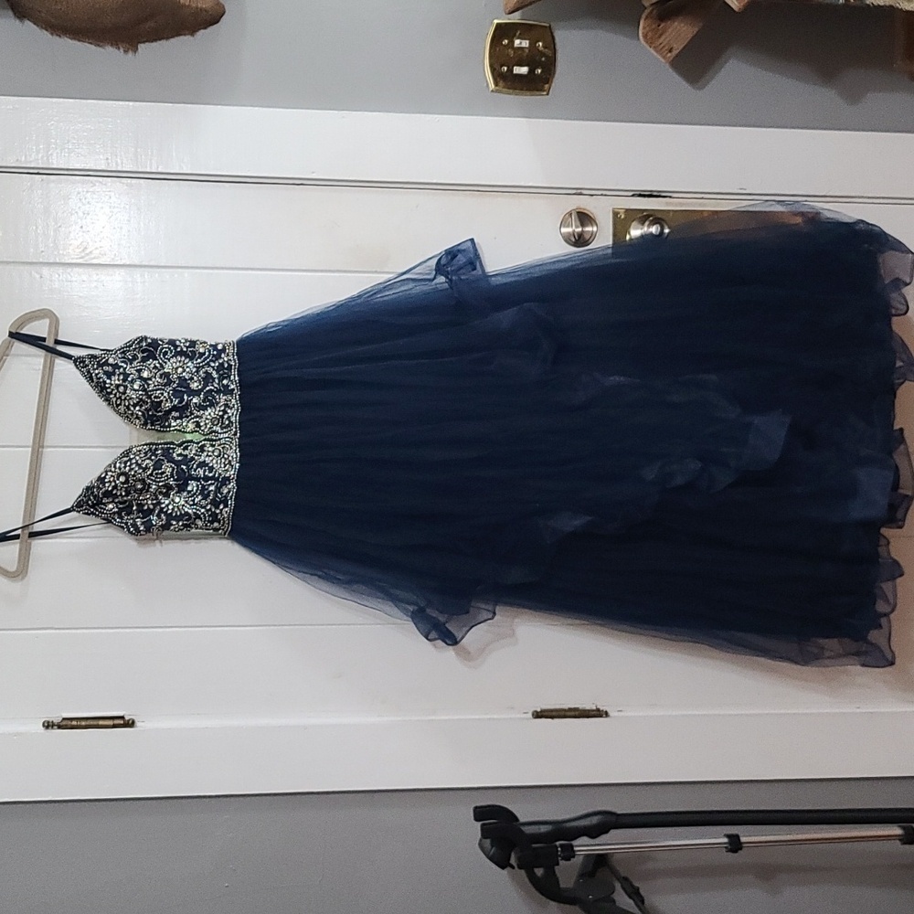 TLC Say Yes To The Prom Dress Navy‎ Beaded Layered Tulle Lined Sz 7/8 GUC *READ*